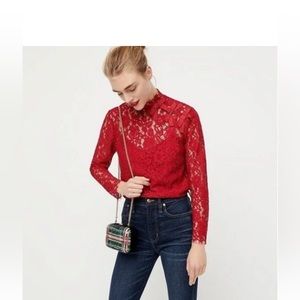 NWT J. Crew High Neck Red Lace Top with Bows Size 6